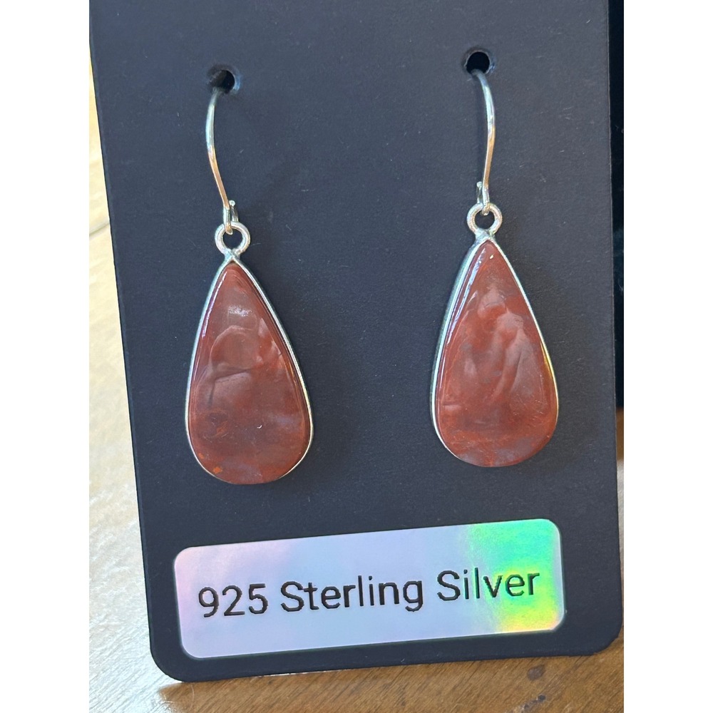 925 Sterling Silver Red Jasper (?) Teardrop Hook Earrings Earthy Stone Dangle